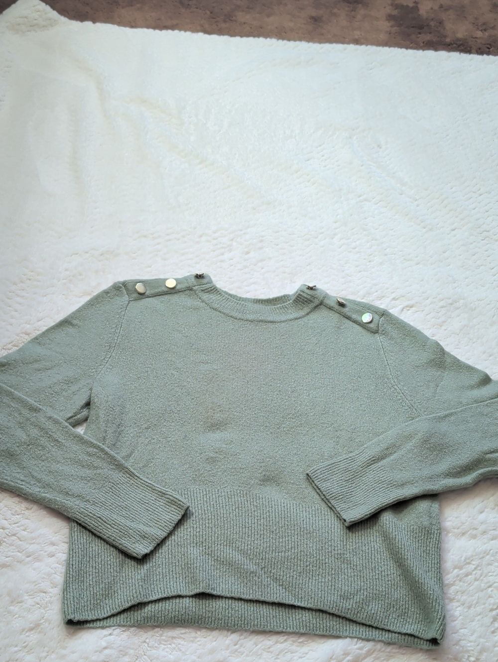 H&M Sage Green Crew Neck Sweater with Shoulder Buttons